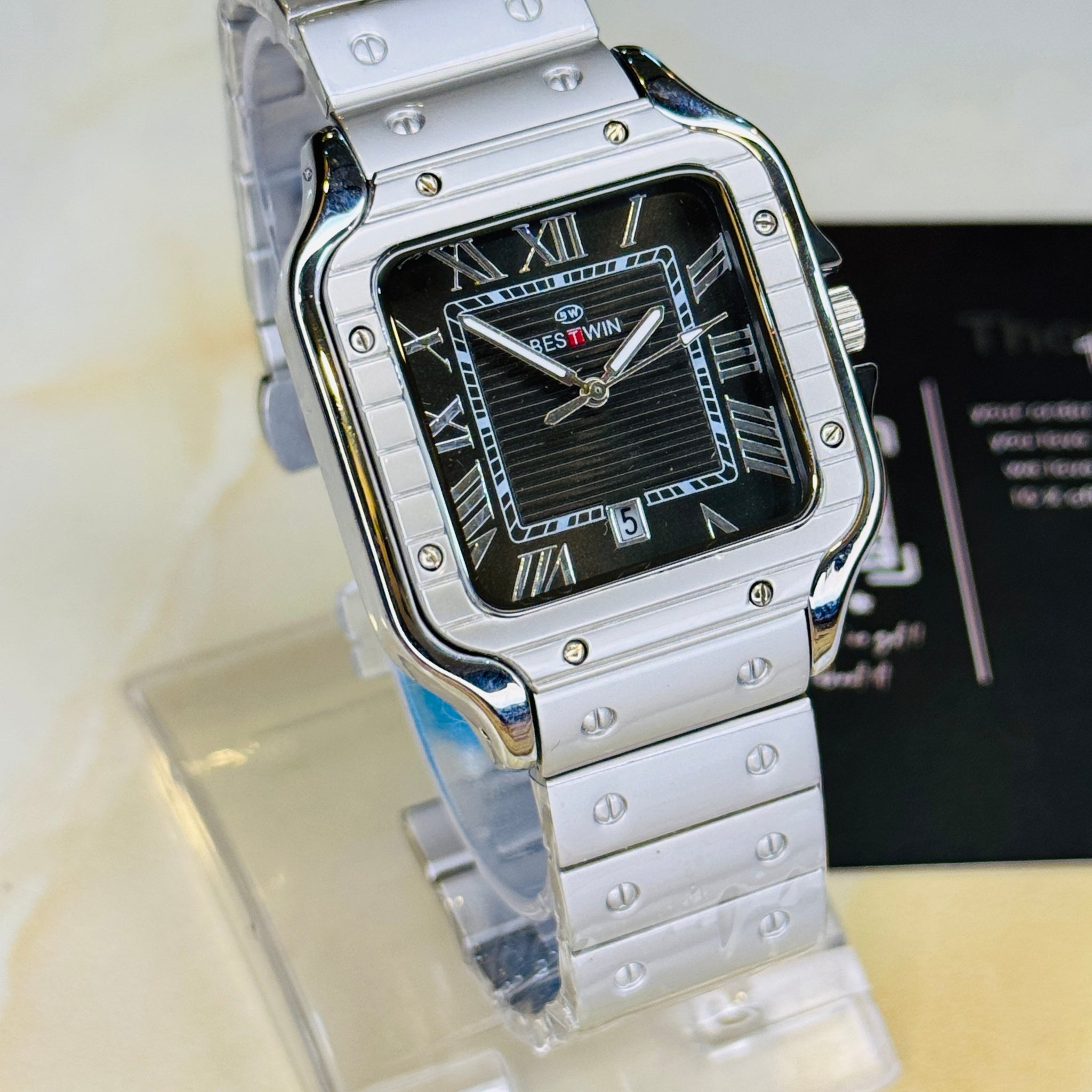 Matte Silver Santos Black Dial Watch