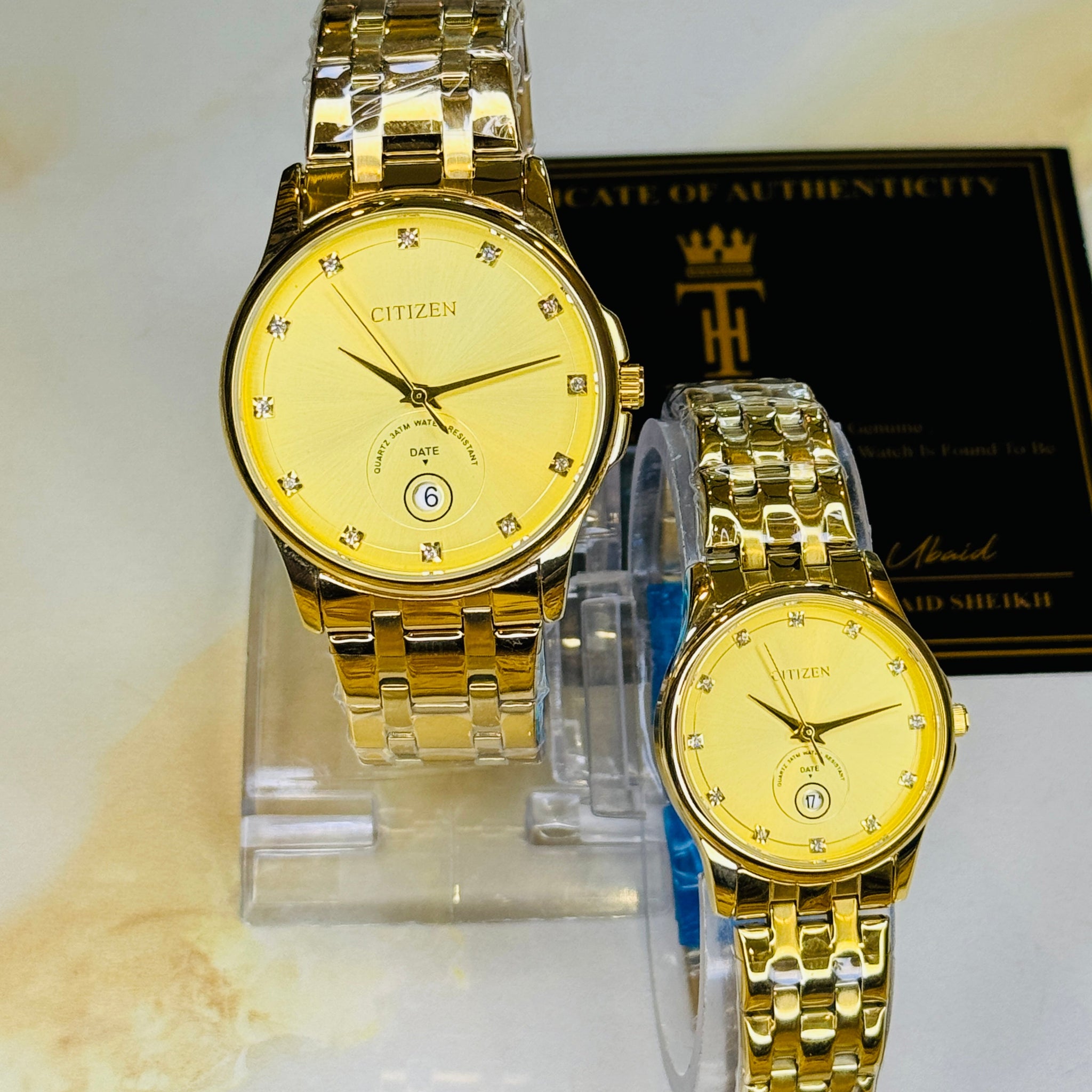All Gold Down Date Citizen Couple Watch