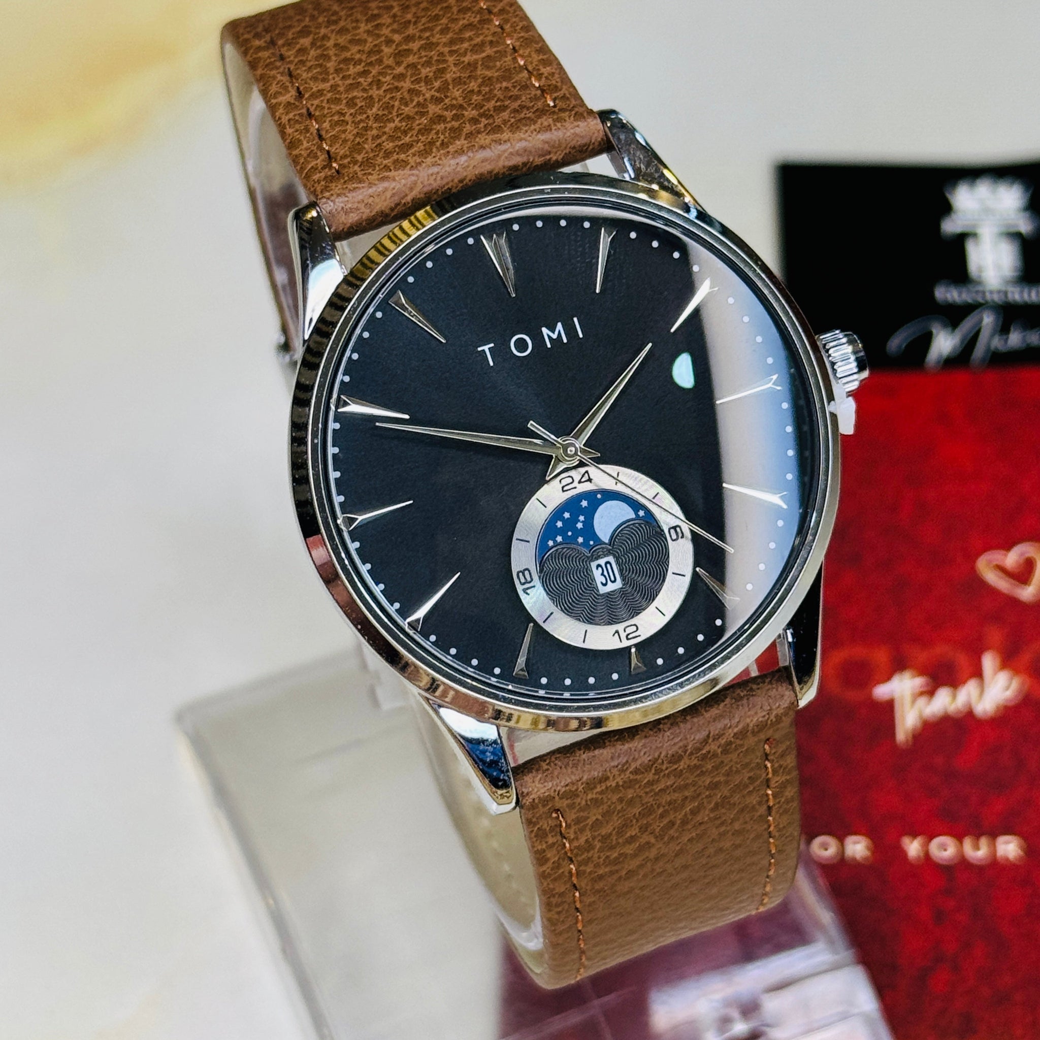 Tomi Brown Silver Leather Magnetic Strap Watch