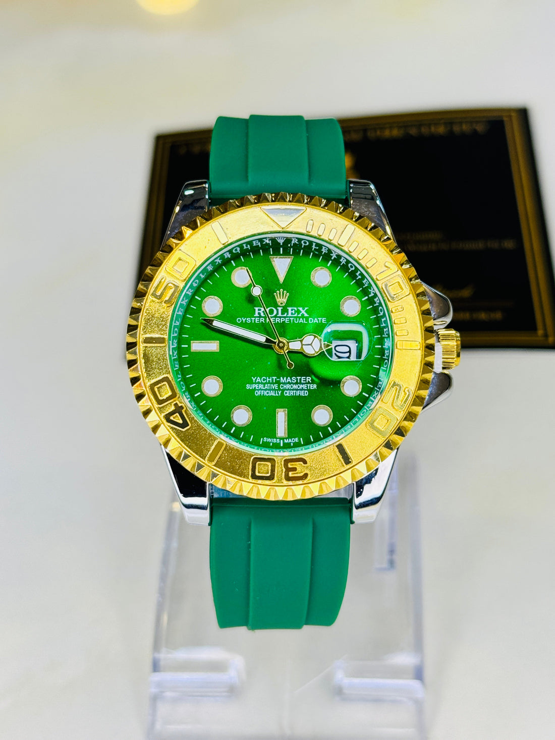 Green Gold Dial Black Yatchmaster Watch