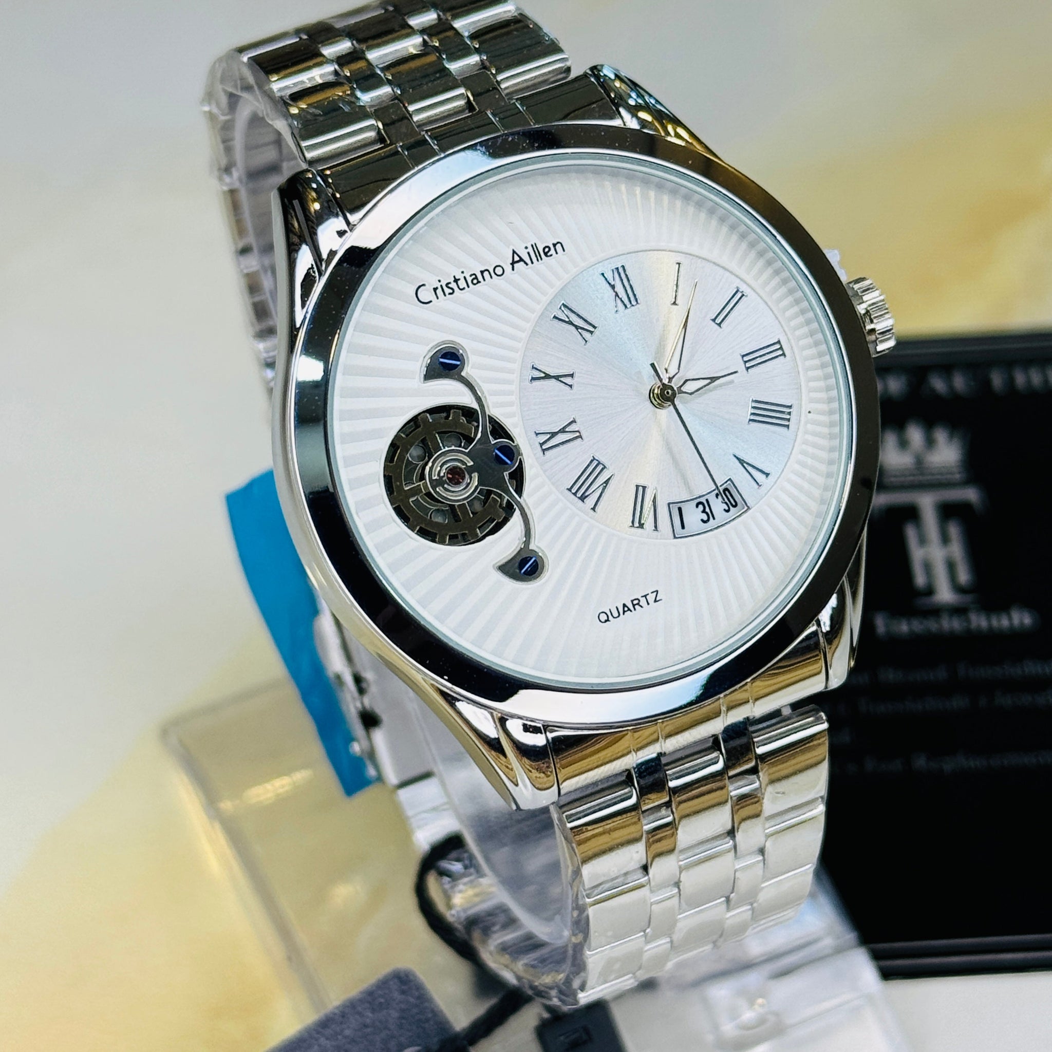 Silver Cristiano Aillen White Spiral Gear Dial Watch