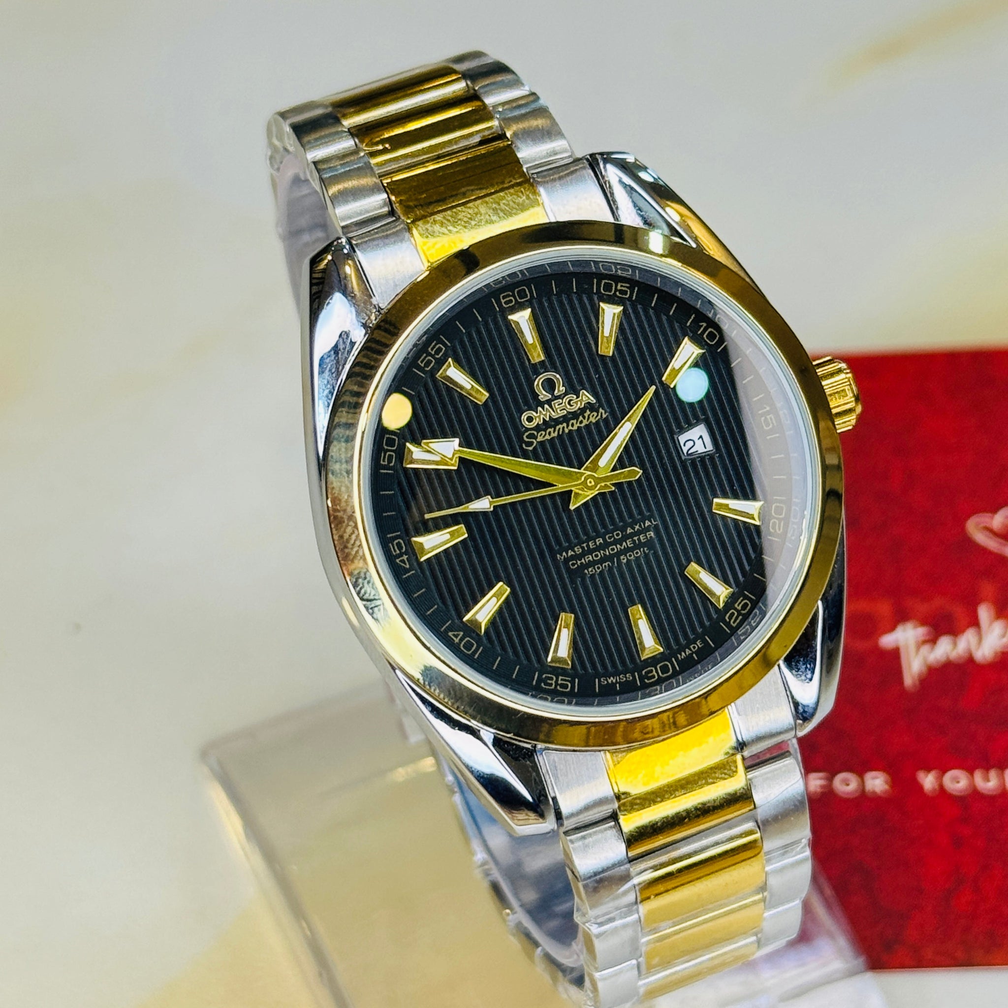 Two Tone Black Chain Strapped Omega Sea Master Watch