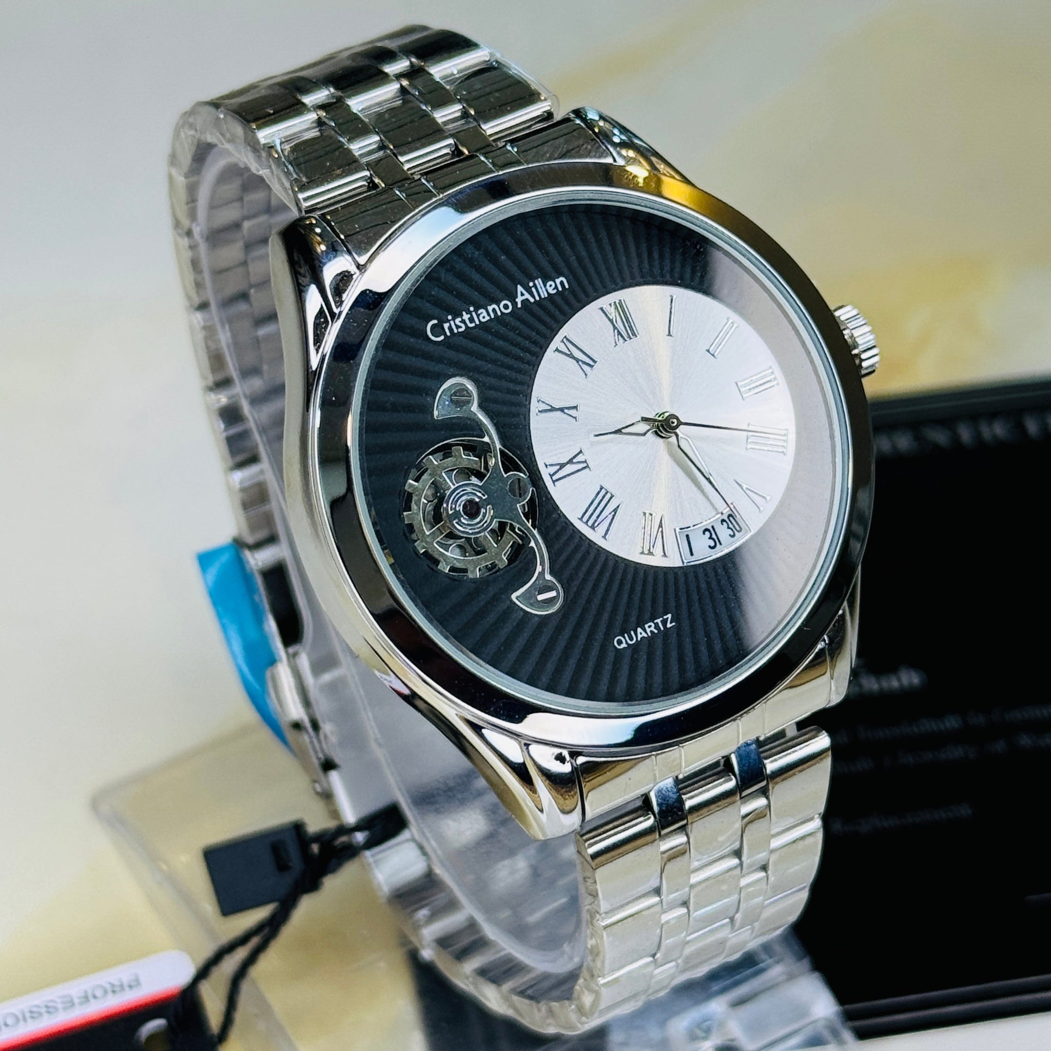 Silver Cristiano Aillen Black Spiral Gear Dial Watch