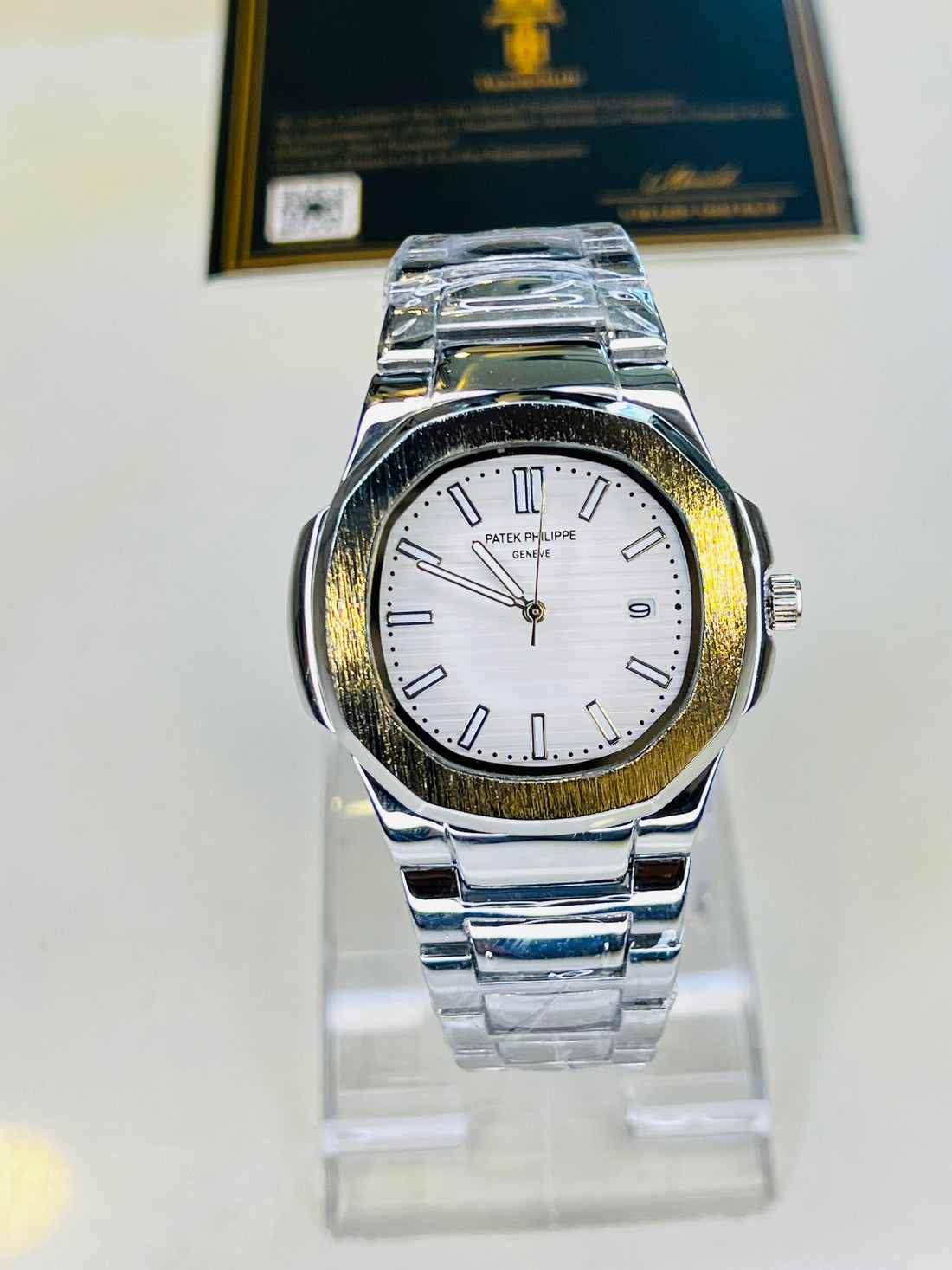 Silver Nautilus White Dial Watch