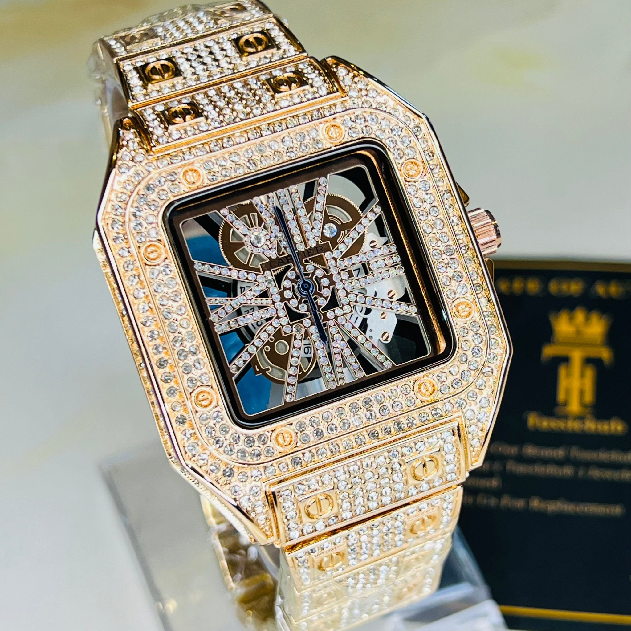Rose Gold Skeleton Iced Out Watch