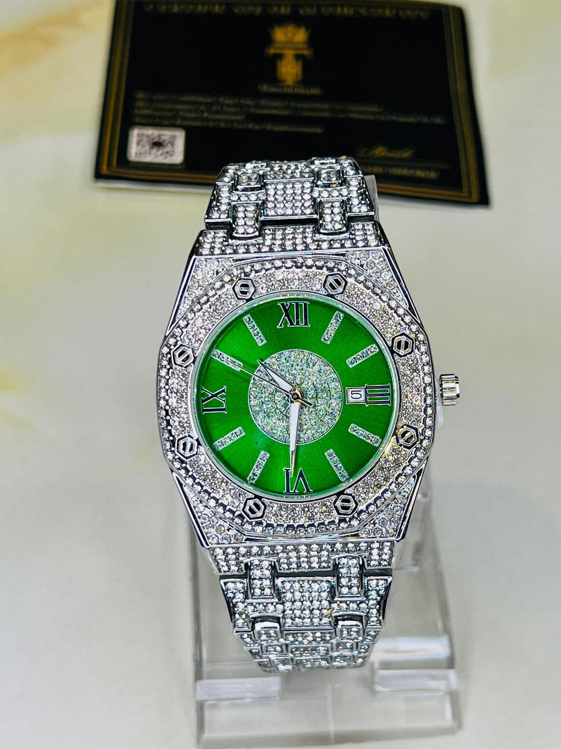 Silver Emerald AP Iced Out Watch