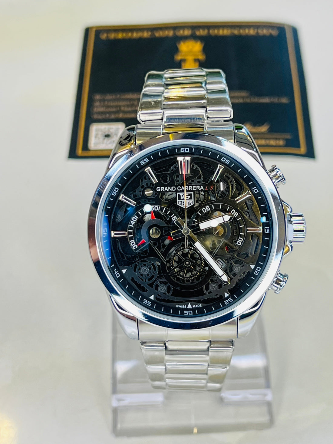 Silver Black Grand Carrera Chain Strap Chronographs  Watch