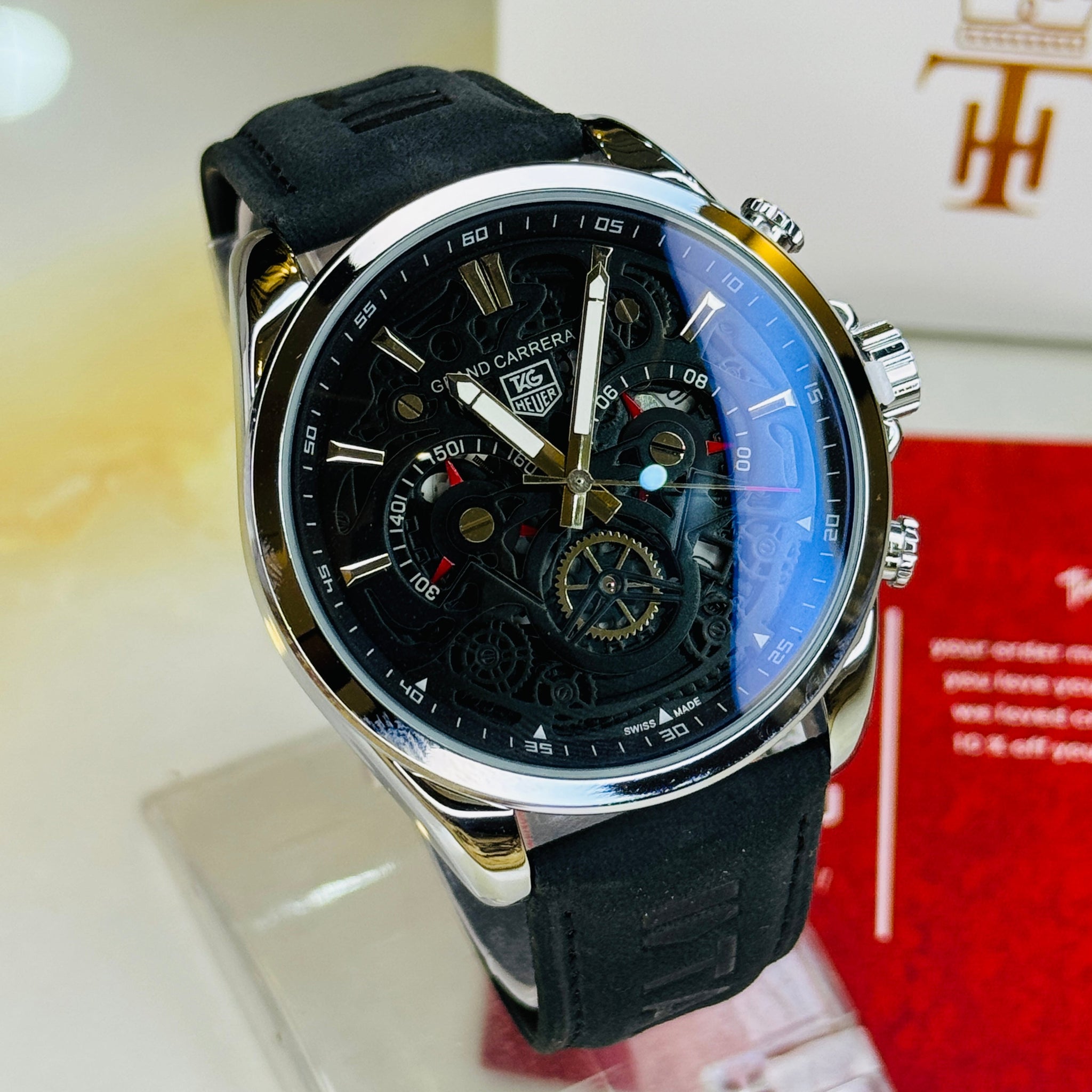 Silver Black Grand Carrera Chronographs Leather Watch