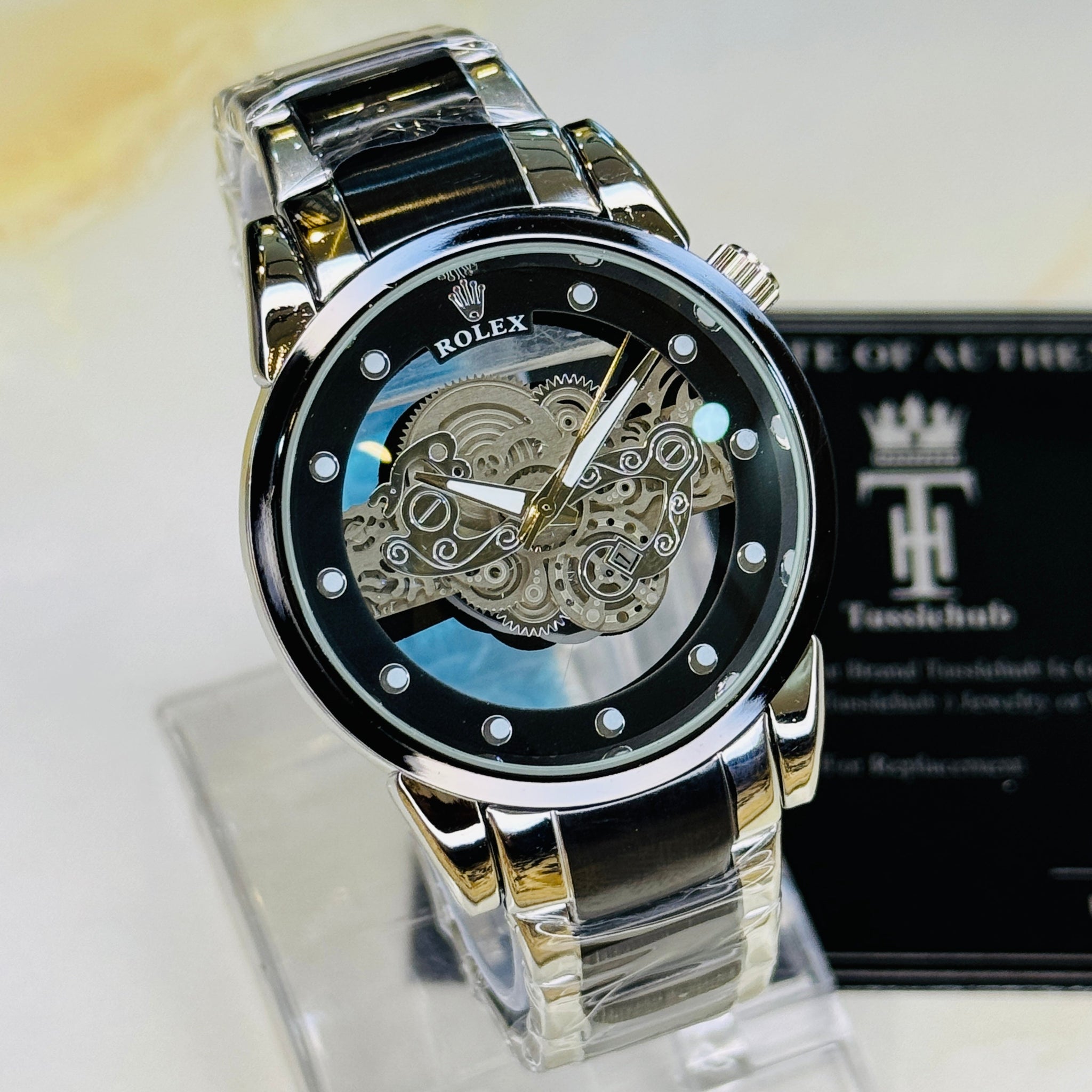 Silver Black Skeleton Rolex Watch