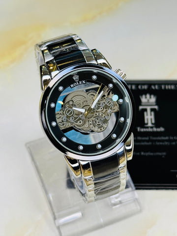 Silver Black Skeleton Rolex Watch