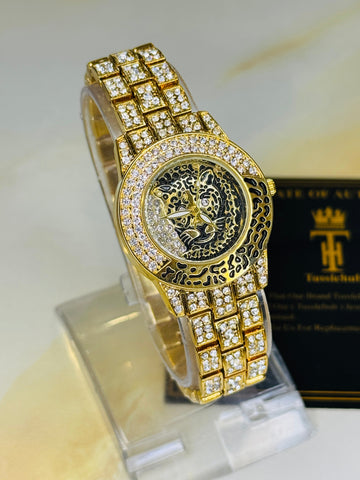 Gold Lioness Iced Out Watch For Her