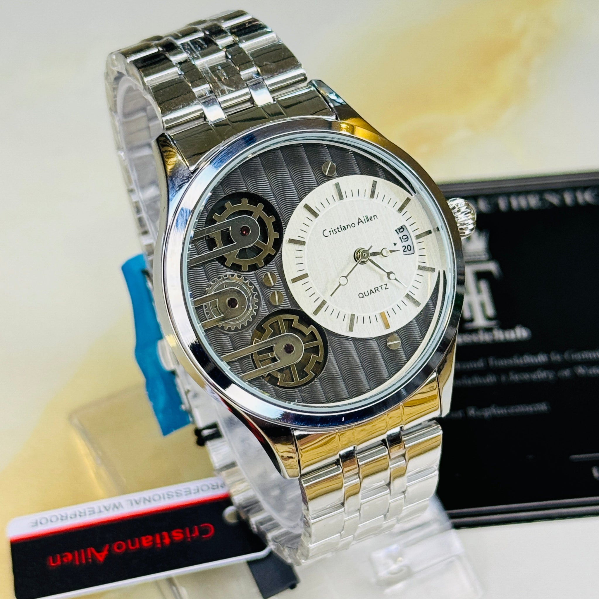 Silver Cristiano Aillen Black White Dial Dual Gear Watch