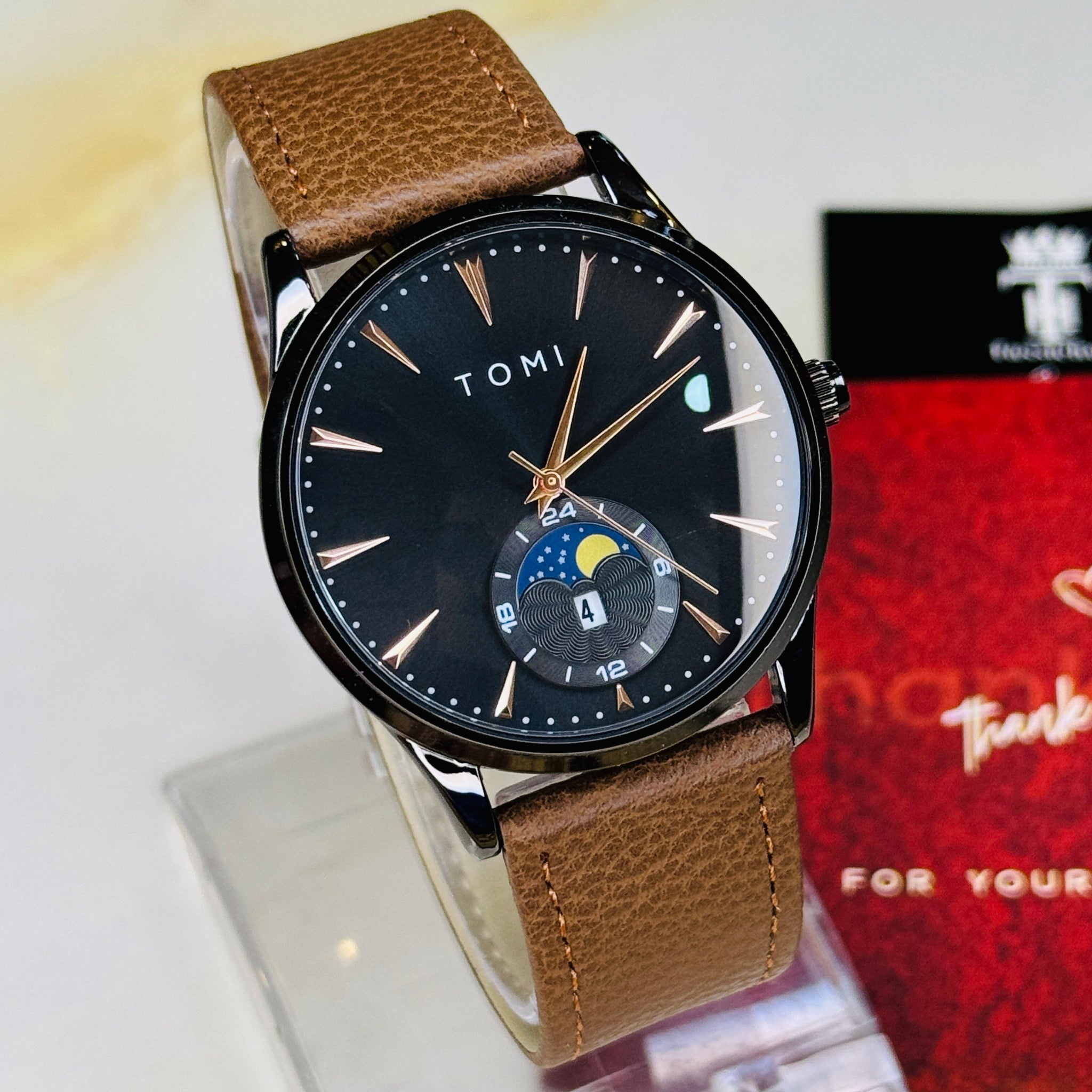 Tomi Brown Black Leather Magnetic Strap Watch