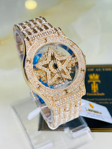 Rose Gold Iced Out Spinner Star Dial Watch