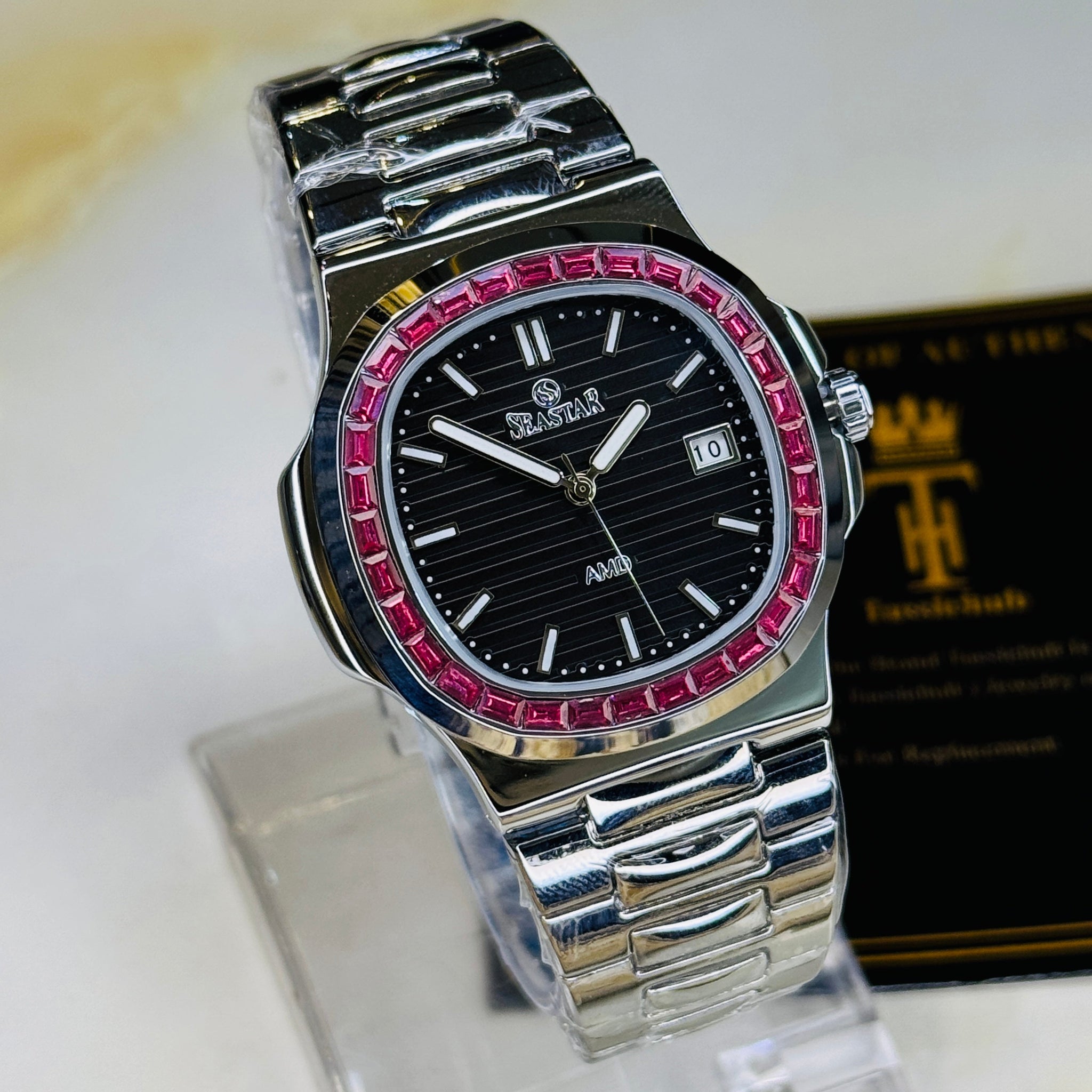 Slim Silver Black Ruby Zircon Seastar Watch