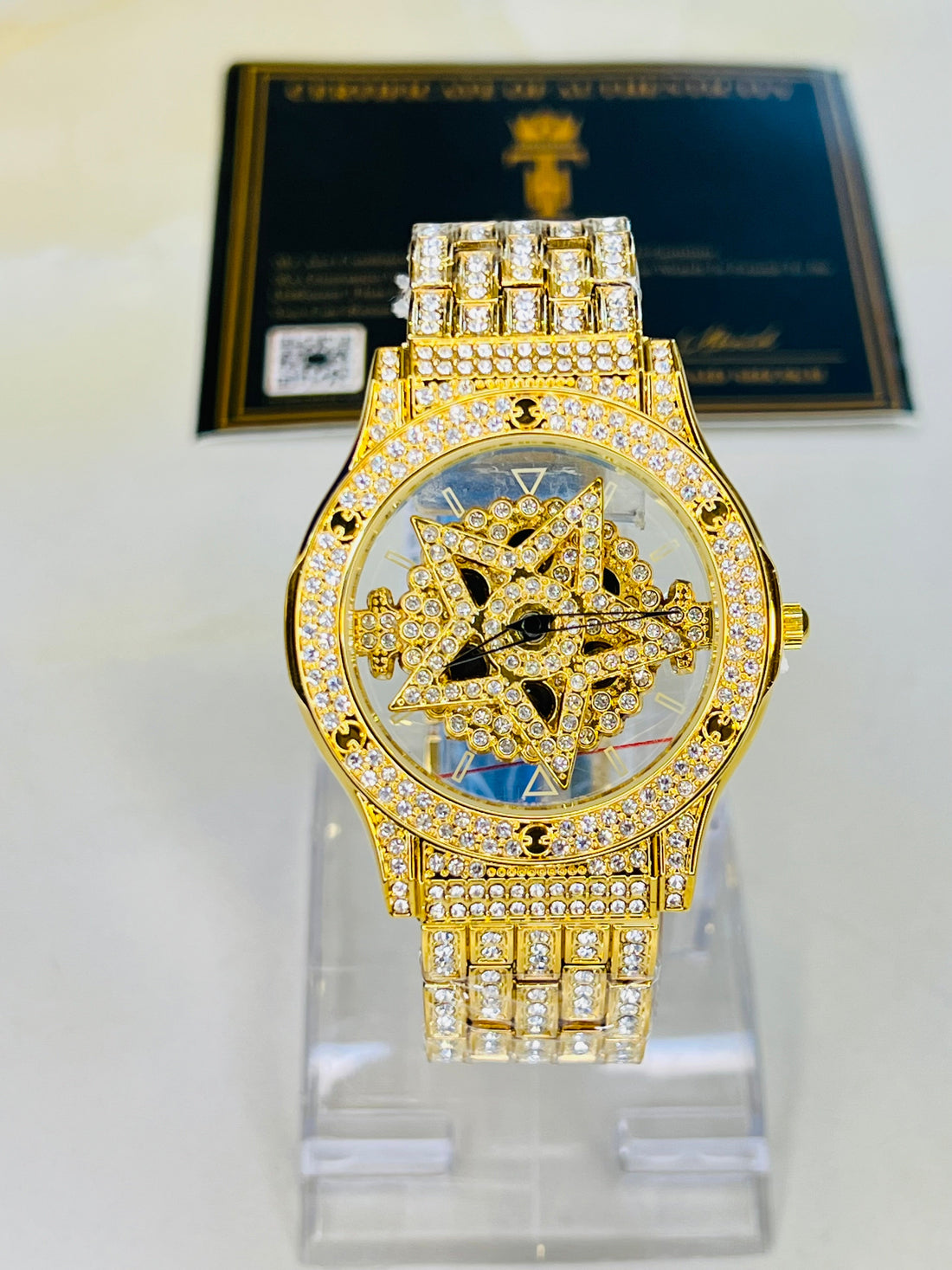 Gold Iced Out Spinner Star Dial Watch