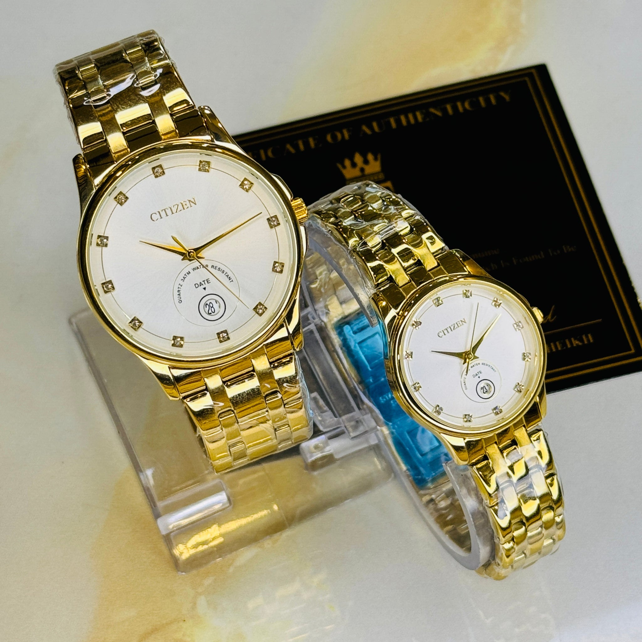 Gold White Down Date Citizen Couple Watch