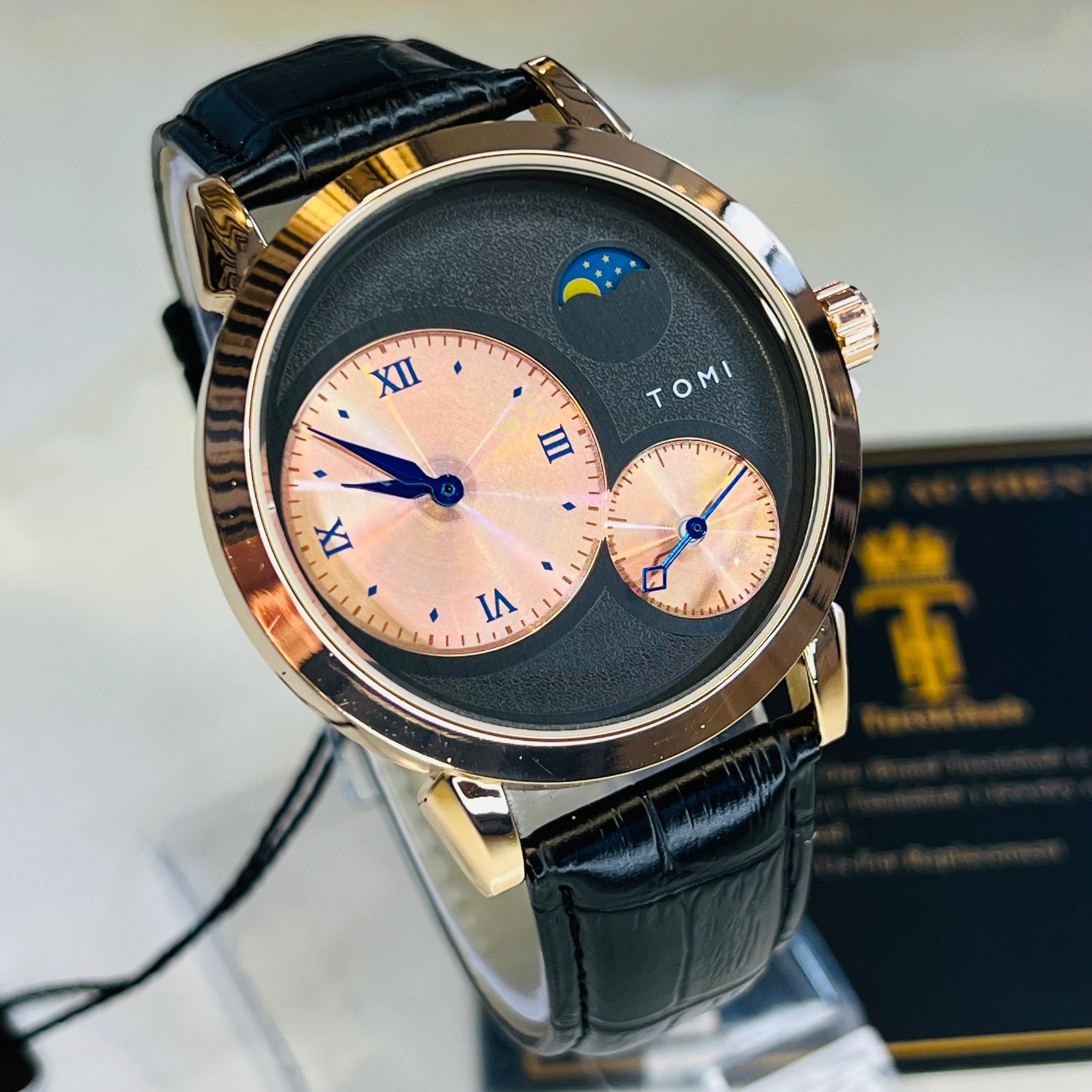 Tomi Black Rose Gold Moon graph Dial Watch