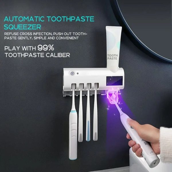 Toothbrush Holder and Toothpaste Dispenser with UV Light Sterilizer
