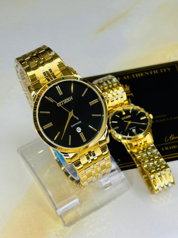 Gold Black Down Date Citizen Couple Watch
