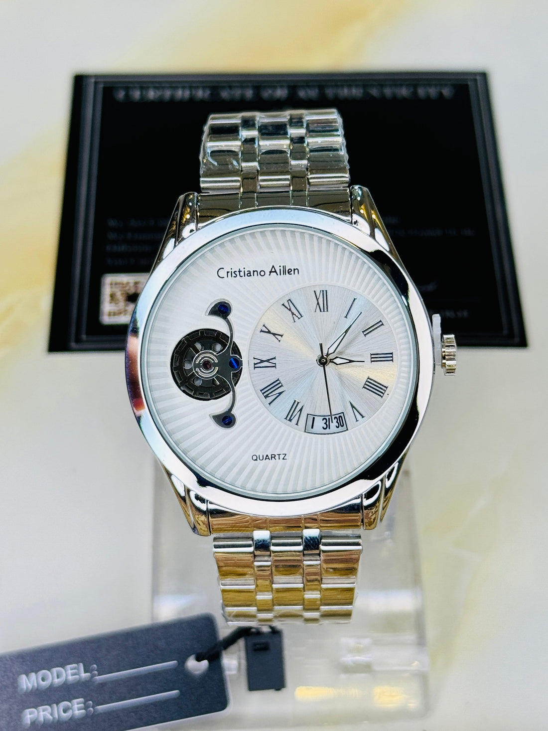 Silver Cristiano Aillen White Spiral Gear Dial Watch
