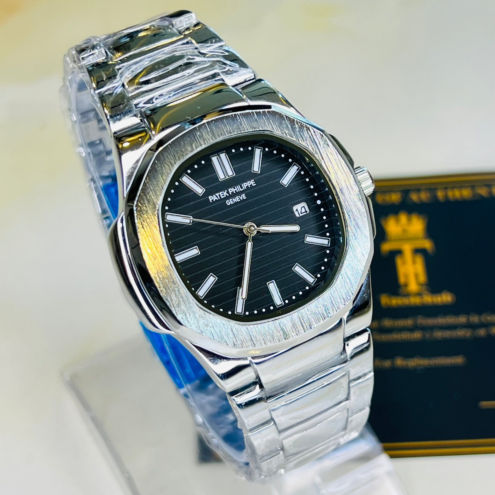 Silver Nautilus Black Dial Watch