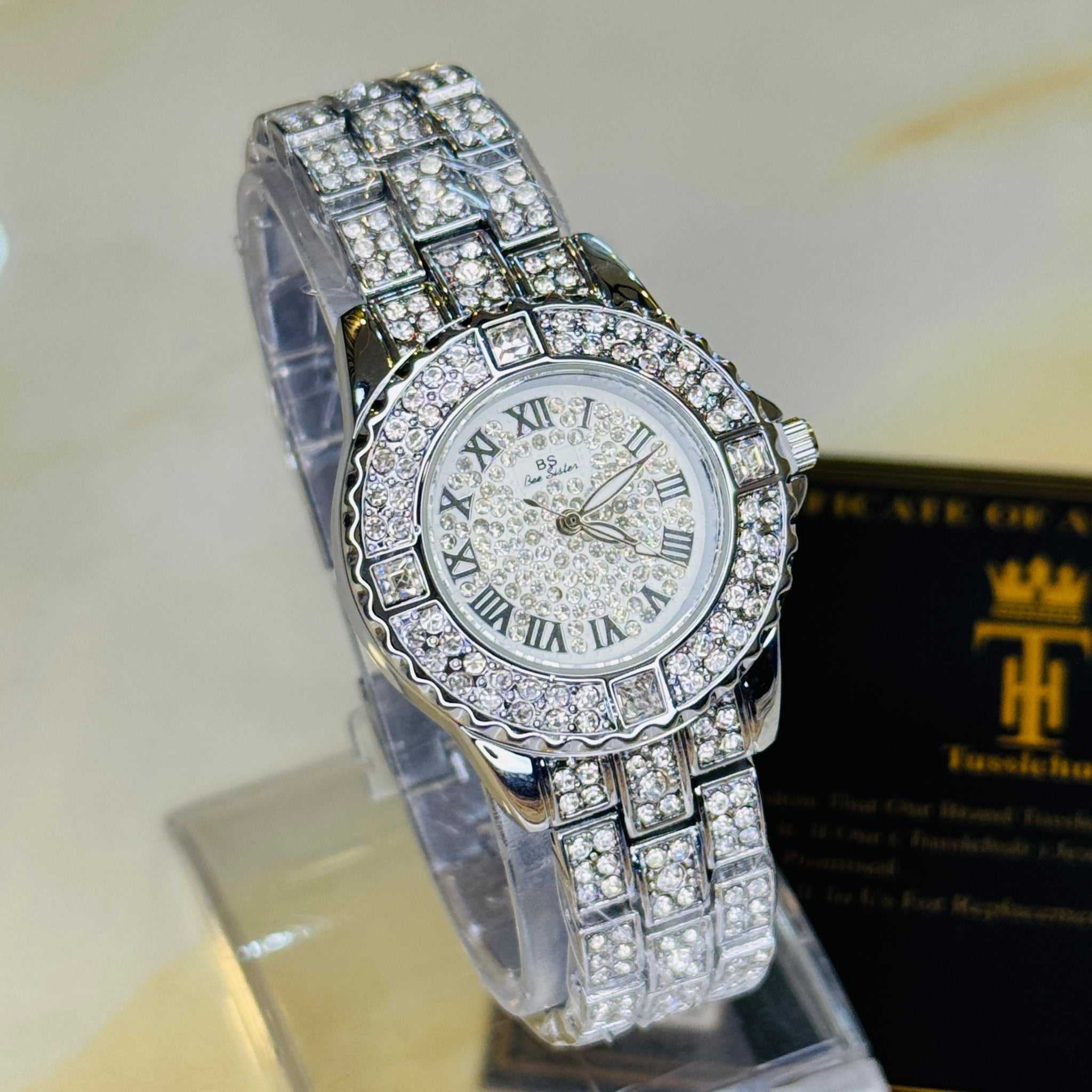 Silver Roman Iced Out Watch For Her