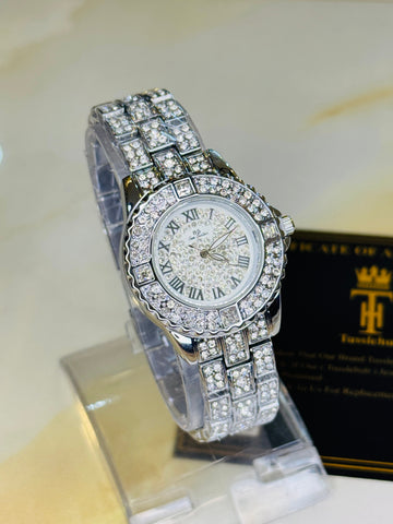 Silver Roman Iced Out Watch For Her