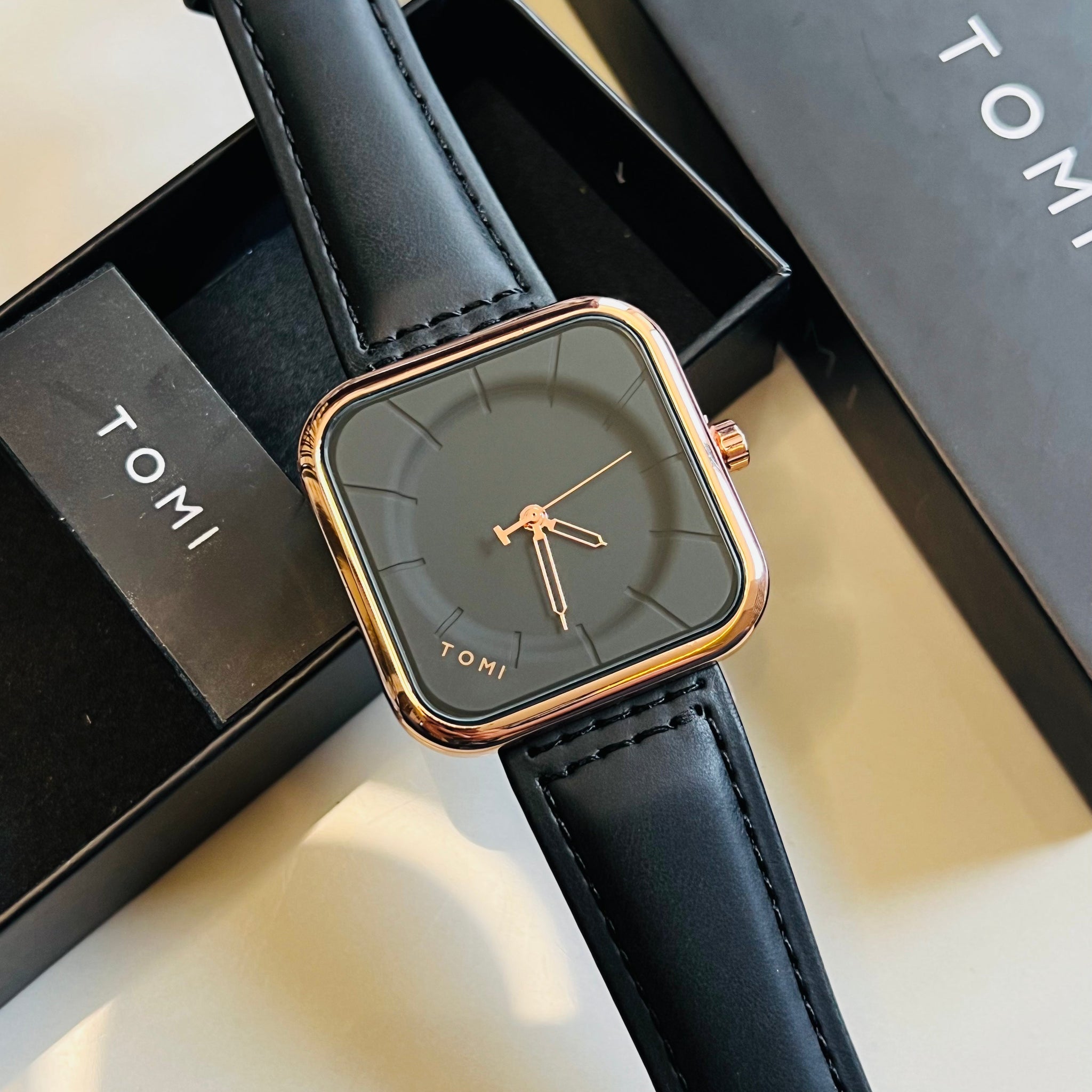 Tomi Black Gold Square Dial Watch