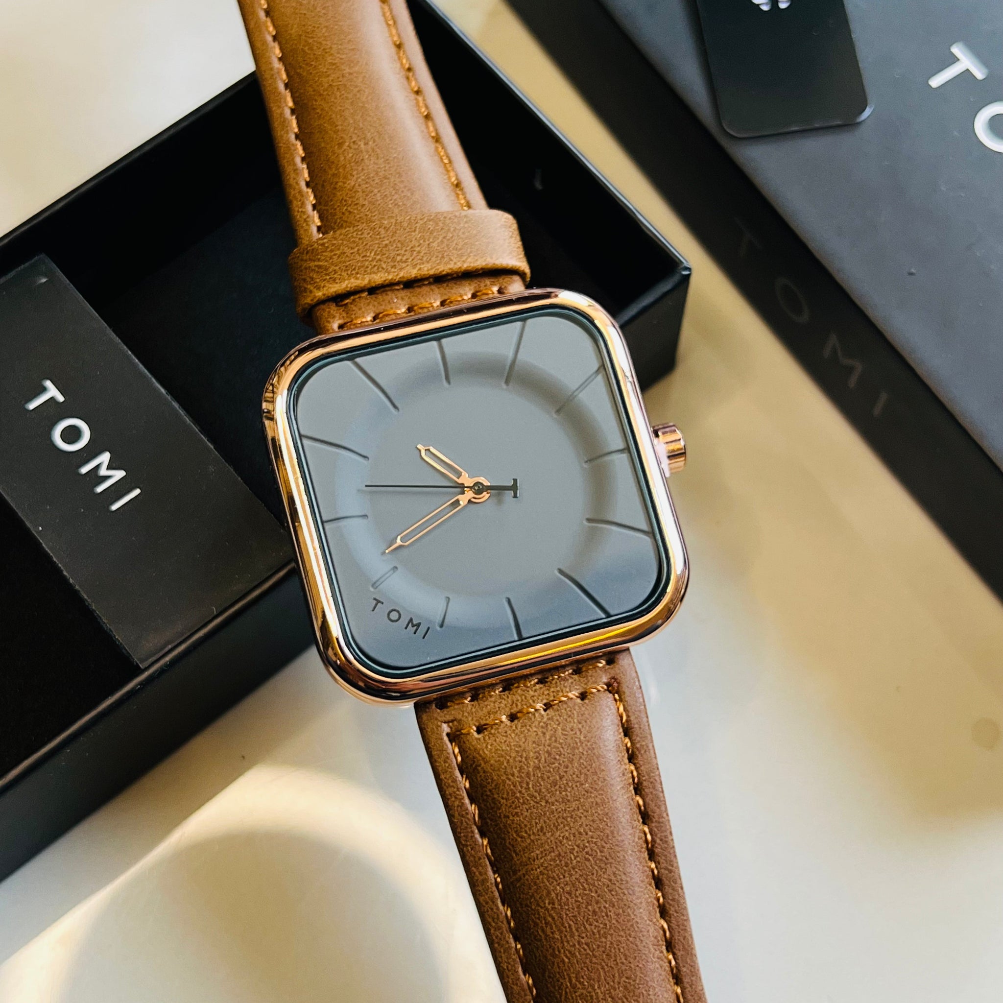 Tomi Brown Gold Square Dial Watch