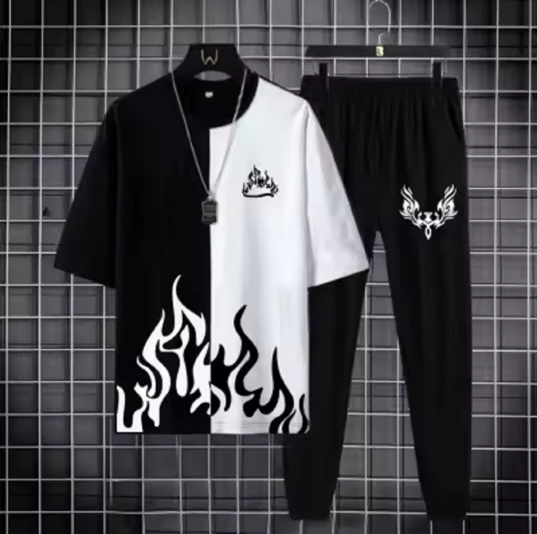 New trendy fired printed black & white premium quality tracksuit for men and boys / Tracksuit for men & boys with shorts or tracksuit for men & boys with trousers - Half Sleeves / Full Sleeves Ratings 1347
