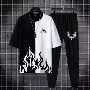 New trendy fired printed black & white premium quality tracksuit for men and boys / Tracksuit for men & boys with shorts or tracksuit for men & boys with trousers - Half Sleeves / Full Sleeves Ratings 1347